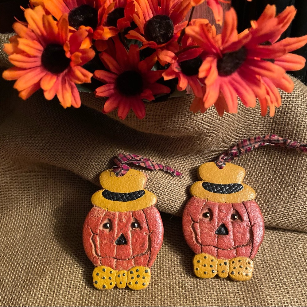 Halloween Set of 2 Ornaments  “pumpkin Jack-o-Lantern in Top Hat and Bow Tie !!!